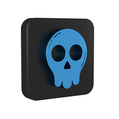 Blue Skull icon isolated on transparent background. Happy Halloween party. Black square button.