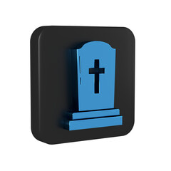 Obraz premium Blue Tombstone with cross icon isolated on transparent background. Grave icon. Black square button.