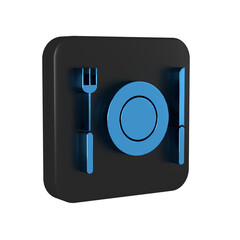 Blue Plate, fork and knife icon isolated on transparent background. Cutlery symbol. Restaurant sign. Black square button.