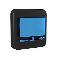 Blue Video game console icon isolated on transparent background. Game console with joystick and lcd television. Black square button.
