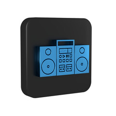 Blue Home stereo with two speakers icon isolated on transparent background. Music system. Black square button.