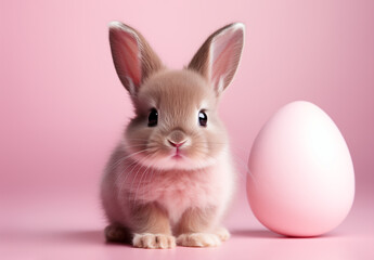 Fototapeta premium Fluffy cute Easter baby bunny with painted pink egg on pastel pink background with copyspace