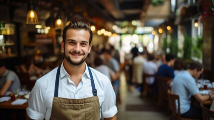Confident waiter in apron standing in busy restaurant - obrazy, fototapety, plakaty