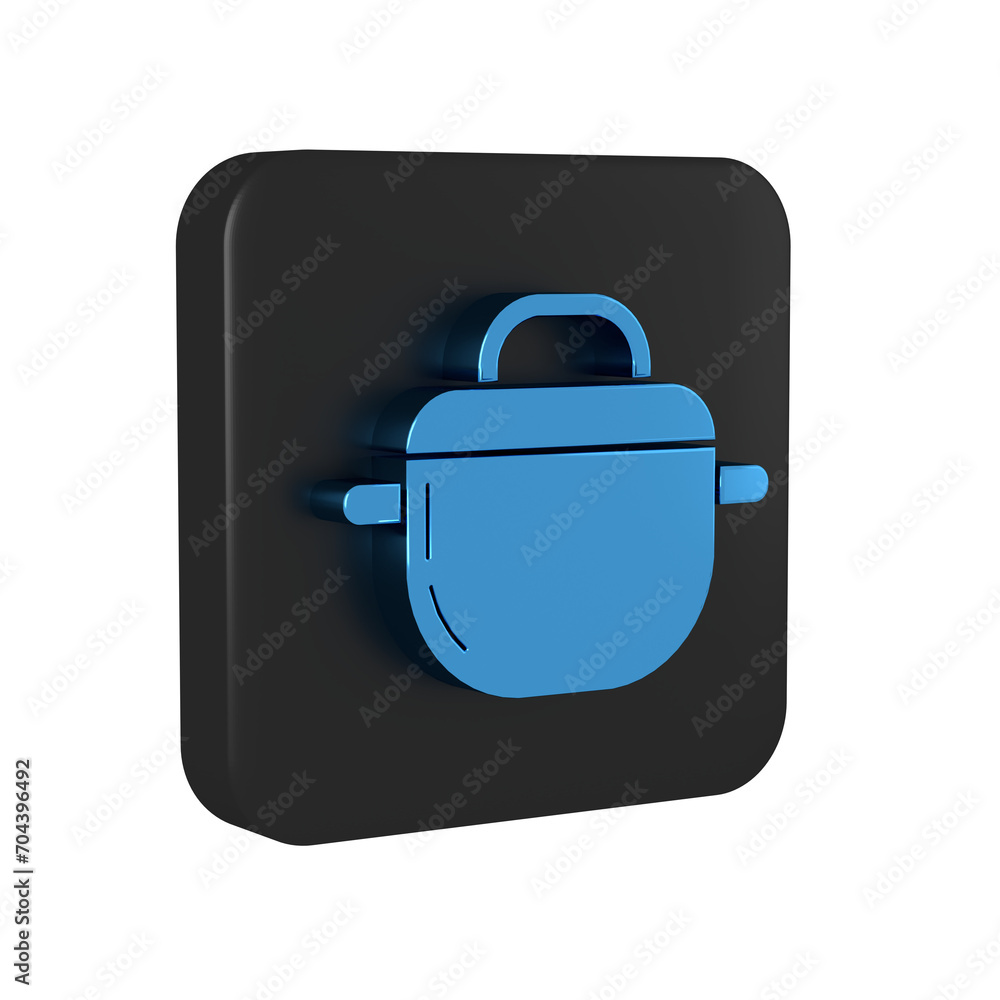 Sticker Blue Cooking pot icon isolated on transparent background. Boil or stew food symbol. Black square button.