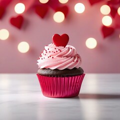 Cupcake with Heart Topper in Pink and Red Colors, Blurry Light Background