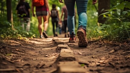 Group of tourists walks along the path of the summer forest. Feet close-up. Travel adventure group