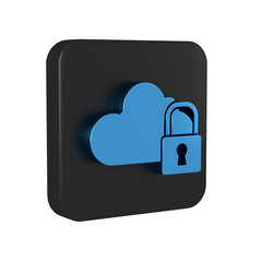 Blue Cloud computing lock icon isolated on transparent background. Security, safety, protection concept. Protection of personal data. Black square button.