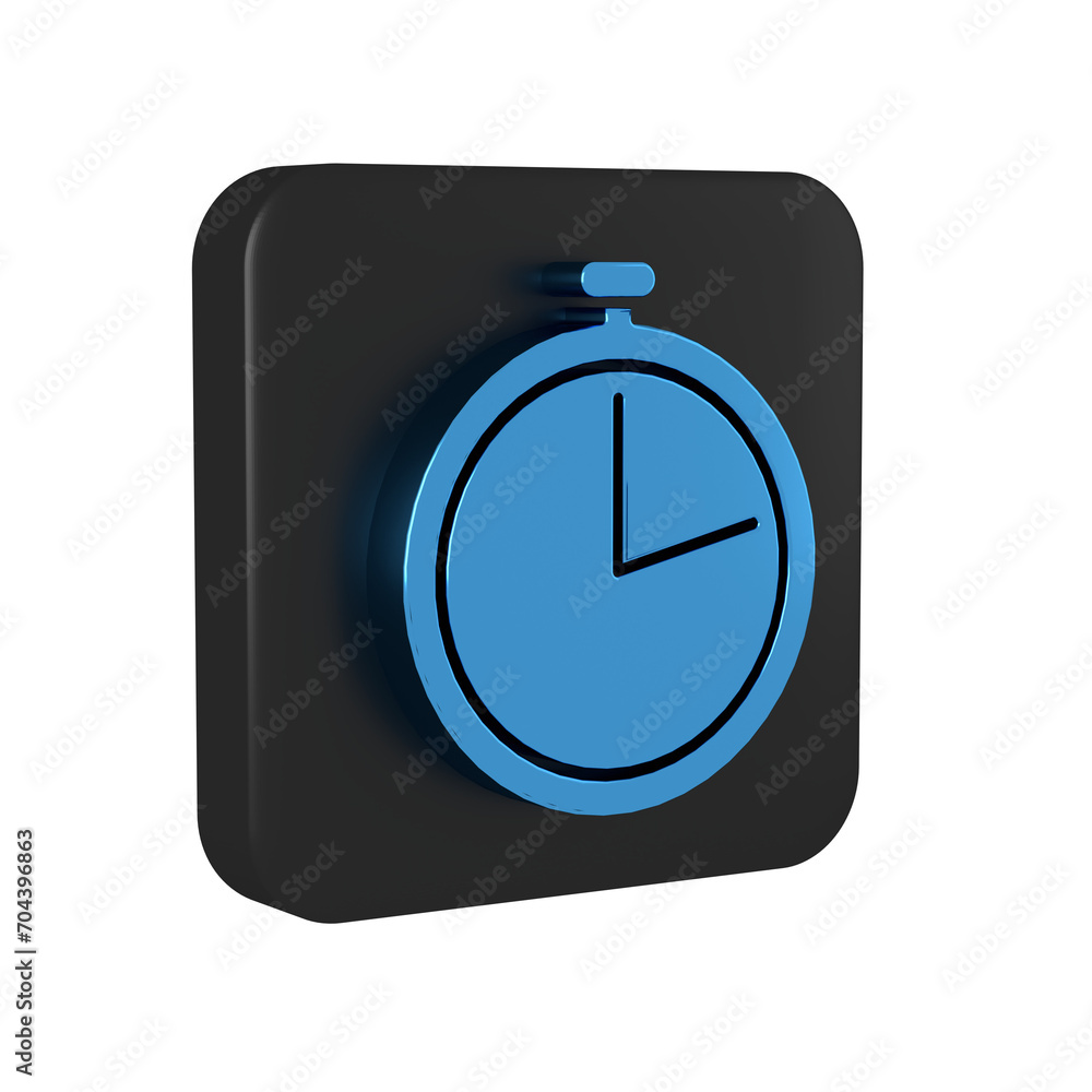 Poster blue stopwatch icon isolated on transparent background. time timer sign. black square button.