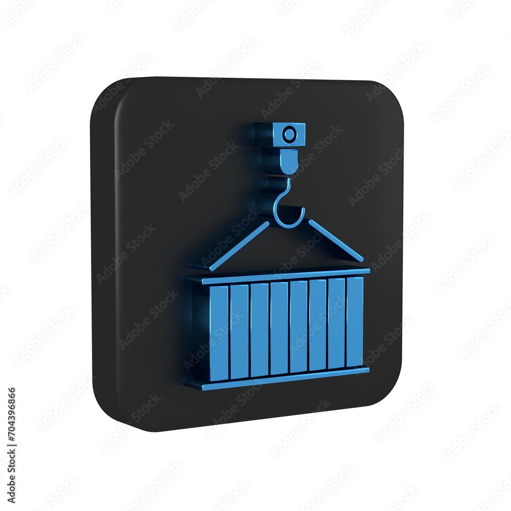 Poster blue container on crane icon isolated on transparent background. crane lifts a container with cargo.