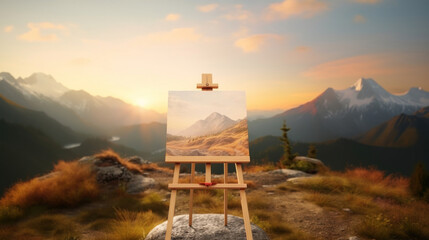 An easel stands with a painting that mirrors the surrounding mountainous landscape during a vibrant sunset.
