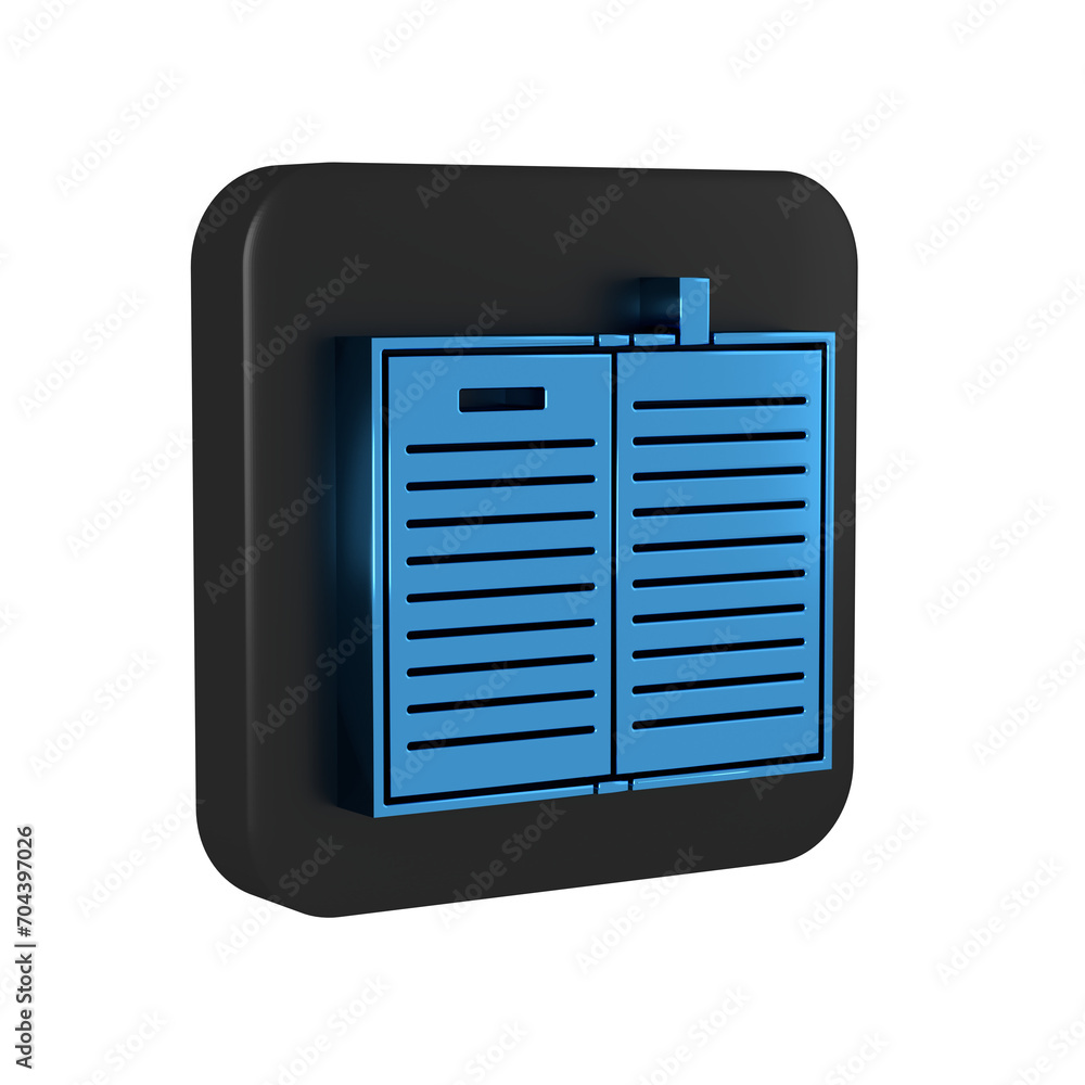 Poster blue open science book icon isolated on transparent background. black square button.