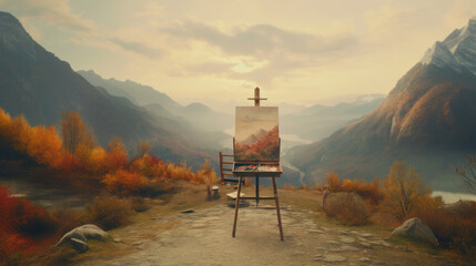 A canvas on an easel captures the autumnal beauty of a mountain scene with a lake, bathed in golden hour light. - obrazy, fototapety, plakaty