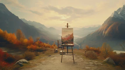 Tuinposter A canvas on an easel captures the autumnal beauty of a mountain scene with a lake, bathed in golden hour light. © tashechka