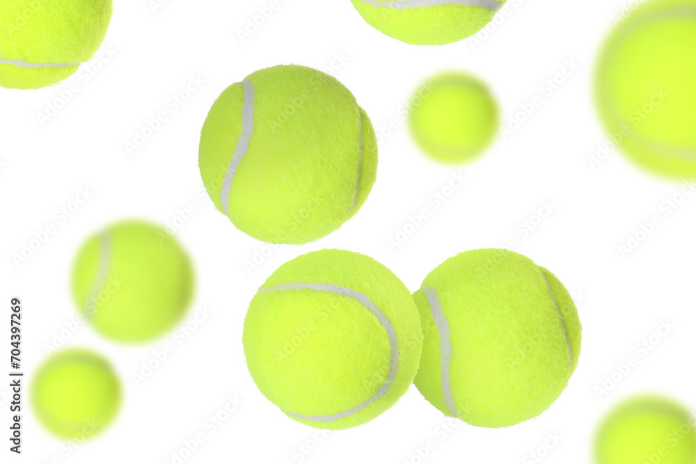 Poster Many tennis balls flying on white background