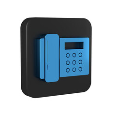 Blue Telephone icon isolated on transparent background. Landline phone. Black square button.
