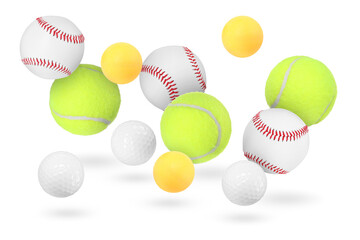 Many balls for different sports flying on white background