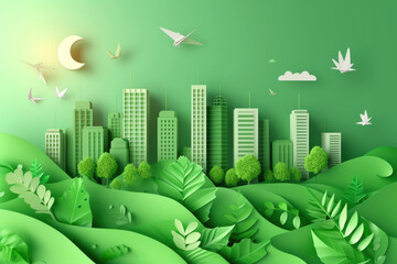 Design for a green city banner, a city with trees and leaves, save the planet and energy concept,