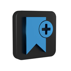 Blue Bookmark icon isolated on transparent background. Add to concept. Black square button.
