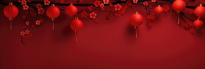 Sky lanterns on a sakura branch for Chinese New Year - obrazy, fototapety, plakaty