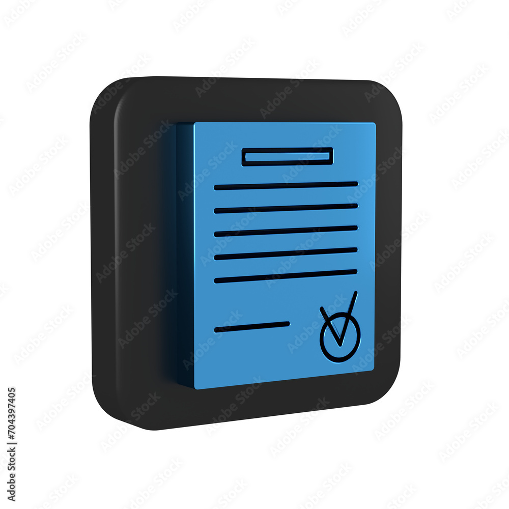Poster blue confirmed document and check mark icon isolated on transparent background. checklist icon. busi