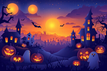 Wallpaper with Halloween-themed background featuring children, pumpkins,