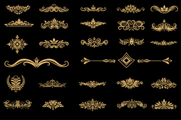 Art deco vector elements dividers or headers. Decorative line borders or frames in geometric victorian style, elegant vintage design, antique bordering symbols isolated on black background,