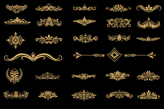 Art deco vector elements dividers or headers. Decorative line borders or frames in geometric victorian style, elegant vintage design, antique bordering symbols isolated on black background,
