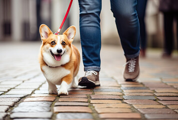 Corgi Walking Down Street With Owner, A Delightful Scene of a Lively Pet Enjoying a Stroll
