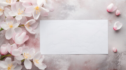 Elegant white magnolia flowers surrounding a blank piece of paper on a textured background with a vintage feel.