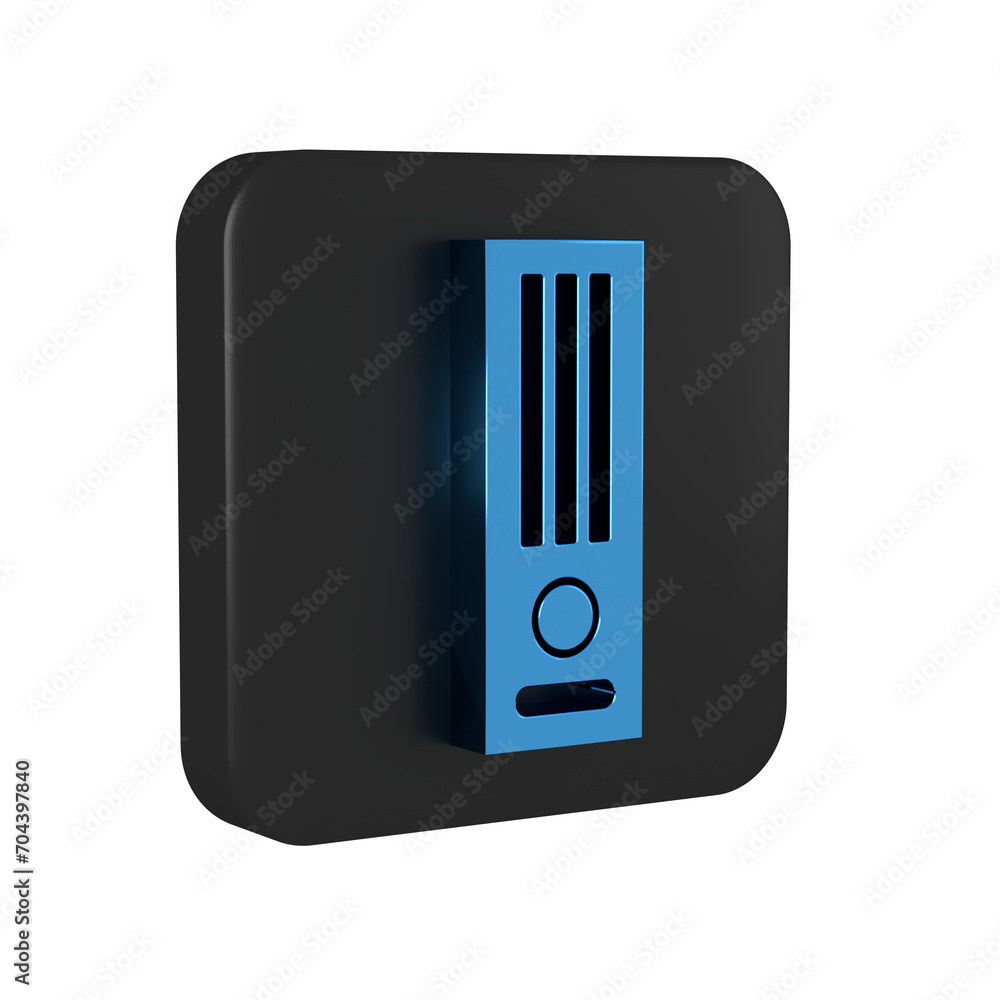 Poster blue video game console icon isolated on transparent background. black square button.
