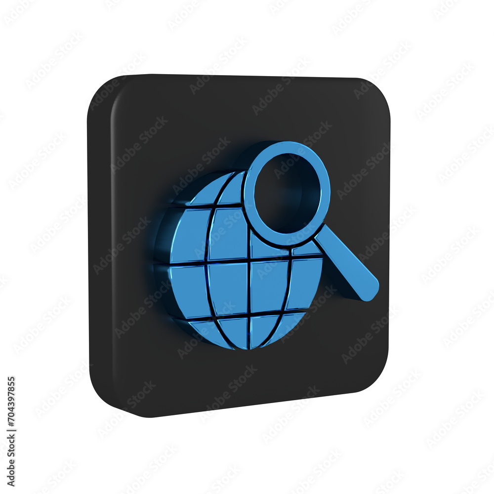 Poster blue magnifying glass with globe icon isolated on transparent background. analyzing the world. globa