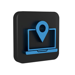 Blue Laptop with location marker icon isolated on transparent background. Black square button.