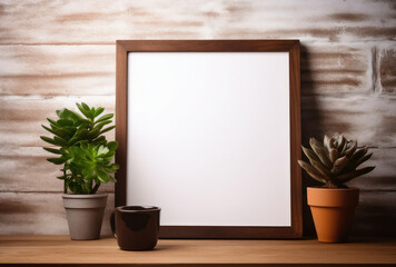 Picture Frame on Wooden Table Next to Potted Plant