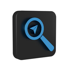 Blue Search location icon isolated on transparent background. Magnifying glass with pointer sign. Black square button.