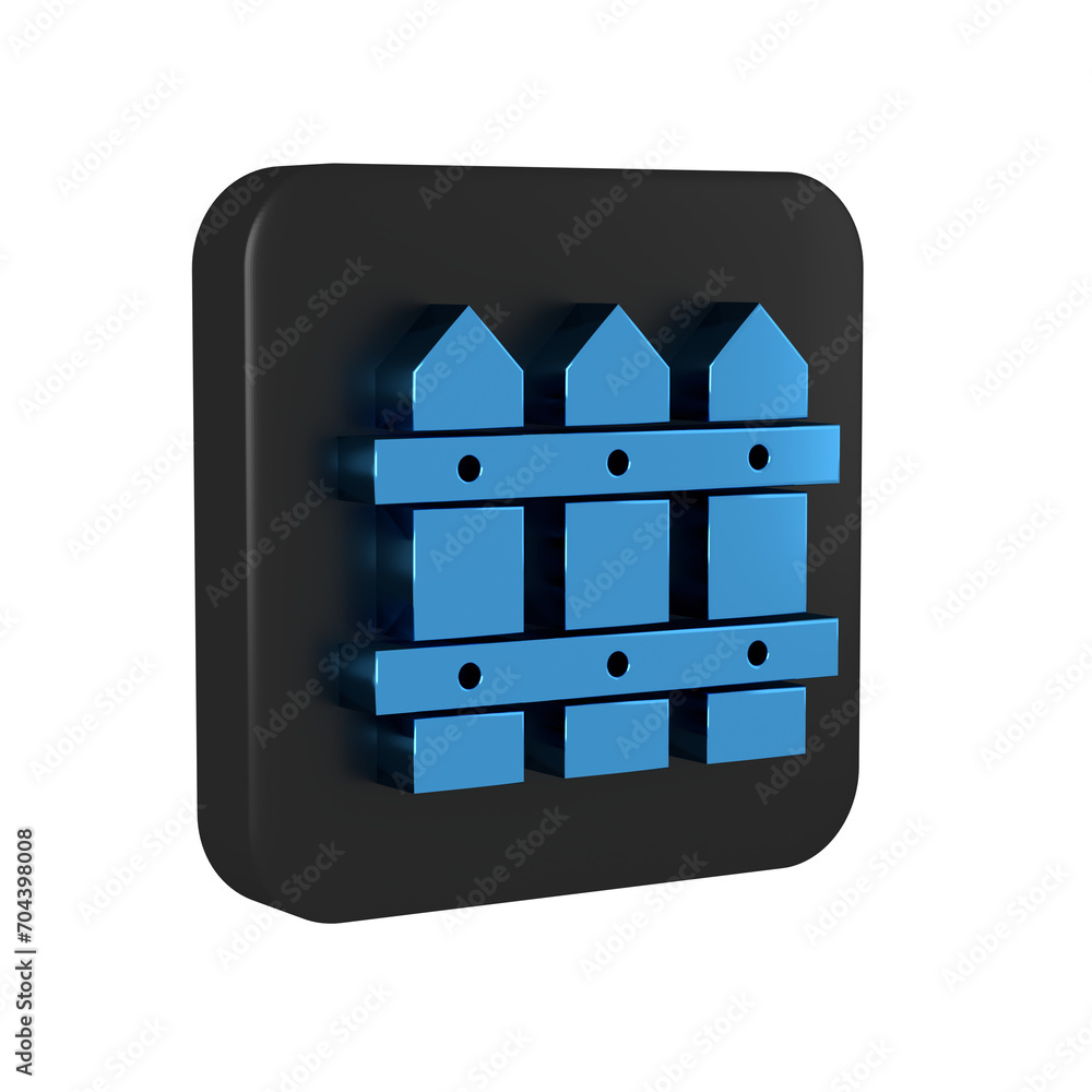 Poster blue garden fence wooden icon isolated on transparent background. black square button.