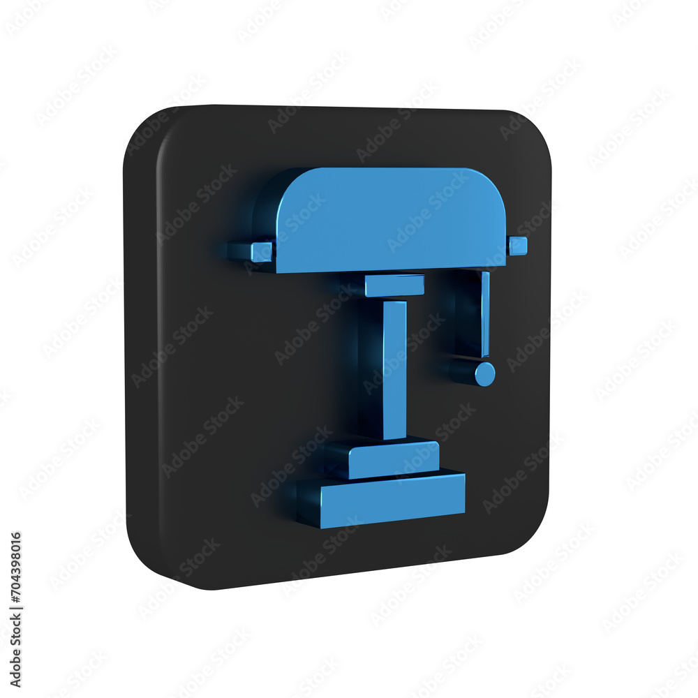 Poster blue table lamp icon isolated on transparent background. black square button.