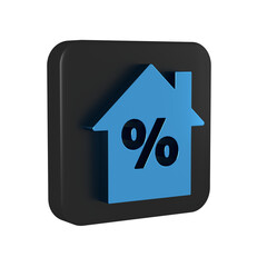 Blue House with percant discount tag icon isolated on transparent background. House percentage sign price. Real estate home. Black square button.