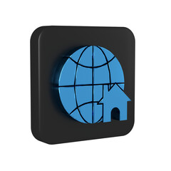 Blue Globe with house symbol icon isolated on transparent background. Real estate concept. Black square button.