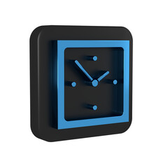 Blue Clock icon isolated on transparent background. Time symbol. Black square button.