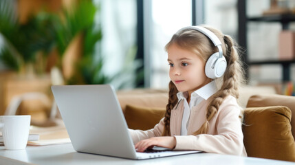 A focused young girl with braided hair wears headphones while intently using a laptop, suggesting e-learning or virtual class participation.