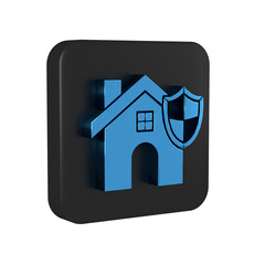 Blue House with shield icon isolated on transparent background. Insurance concept. Security, safety, protection, protect concept. Black square button.