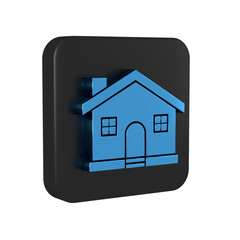 Blue House icon isolated on transparent background. Home symbol. Black square button.