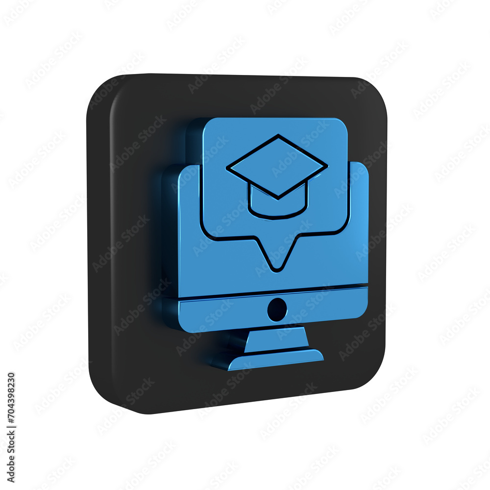 Poster blue computer monitor with graduation cap icon isolated on transparent background. online learning o