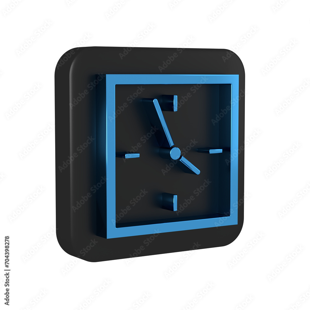 Poster blue clock icon isolated on transparent background. time symbol. black square button.