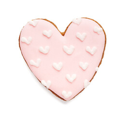 Pink heart shaped cookie on white background. Valentine's Day celebration