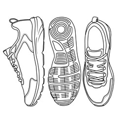 Vector Illustration Men's Running Shoe hand drawn line art collection, doodle vector sketch illustration, top, bottom and side view, suitable for your sport shoes, isolated on white background