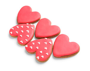Red sweet heart shaped cookies on white background