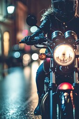 Female motorcyclist skillfully maneuvering through a night city streets on a powerful bike. The spirit of freedom and adrenaline as they conquer obstacles and navigate urban traffic. Vertical photo.