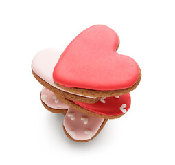 Different sweet heart shaped cookies on white background
