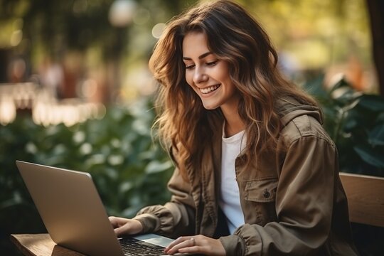 Smiling Woman Using Laptop Outdoors